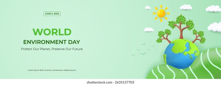 Creative illustration World Environment Day banner featuring a globe, trees, and nature celebrating ecological awareness, and sustainability. Ideal for ecoevents and awareness campaigns.