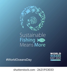 Creative illustration of World Ocean Day 2025 theme : Sustainable fishing means more. Ocean-themed design for June 8 celebration, focusing on sustainability and underwater wildlife conservation.
