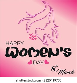 Creative illustration of a young girl face on pink gradient background for Happy Women's Day celebration.