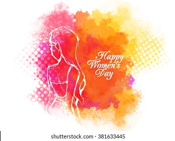 Creative illustration of a young girl on colorful splash background for Happy Women's Day celebration.