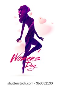 Creative illustration of a young girl in stylish pose on hearts decorated background for Happy Women's Day celebration.