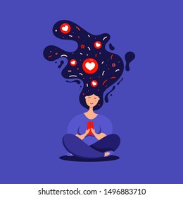 Creative illustration of young girl using phone, sitting legs crossed and chatting on a mobile phone. Long hair with love emoticons icons
