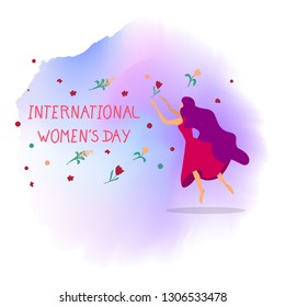 Creative illustration of young happy girl with splash and flowers for International Women's Day celebration. Vector