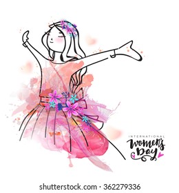 Creative illustration of young happy girl with splash and flowers for International Women's Day celebration.