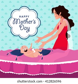 Creative illustration of a Young Mother with her cute Baby on bad for Happy Mother's Day celebration.