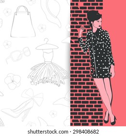Creative illustration of young retro fashionable girl with women's accessories for Retro fashion collection.