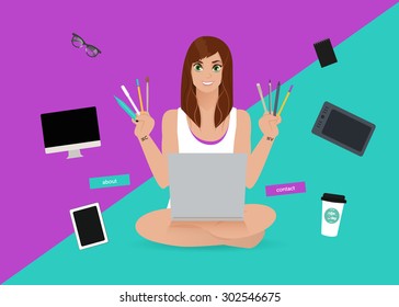 Creative illustration with young woman in yoga pose "lotus" and professional objects: computer, sketchbook, pen, pencil, marker, brush, graphic tablet. For web interface. Vector illustration
