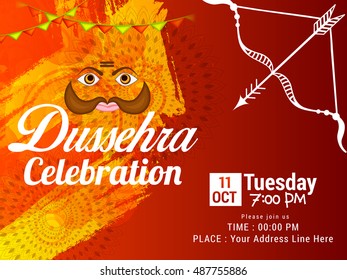 Creative illustration,banner or poster of indian festival dussehra with face of Ravana.