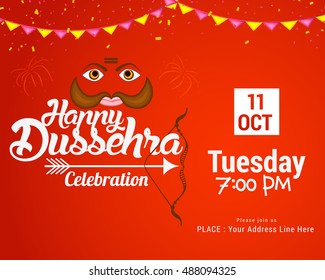 Creative illustration,banner or poster of indian festival dussehra with face of Ravana.