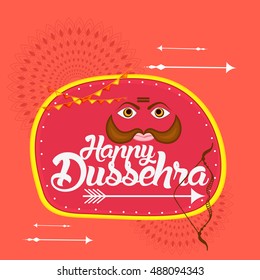 Creative illustration,banner or poster of indian festival dussehra with face of Ravana.