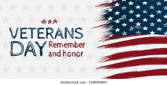 Creative illustration,poster or banner of happy veterans day with u.s.a flag background. Handrawing style