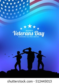 Creative illustration,poster or banner of happy veterans day with u.s.a flag background.