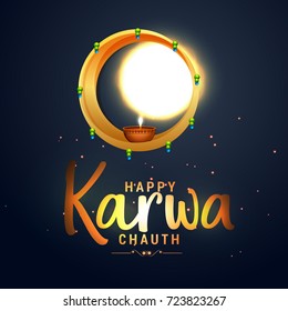 Creative Illustration,Poster Or Banner of indian festival of karwa chauth celebration.