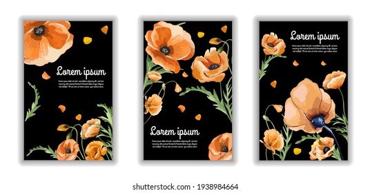 Ilustración creativa, afiche o cartel del día de la conmemoración con un fondo de flores de amapola. Conjunto de plantillas para tarjetas de invitación, boda, banners, ventas, diseño de portada de folletos