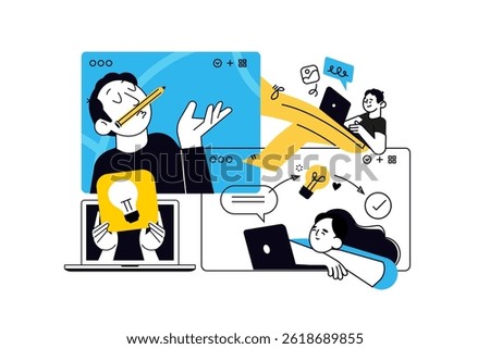 Creative illustrations of content management, copywriting, social media, from idea to realisation. Vector concepts for web banner, social media banner, business presentation, marketing material. 