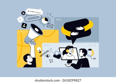 Creative illustrations of digital marketing, technical support, communication. Vector concepts for web banner, social media banner, business presentation, marketing material. 