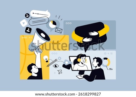 Creative illustrations of digital marketing, technical support, communication. Vector concepts for web banner, social media banner, business presentation, marketing material. 