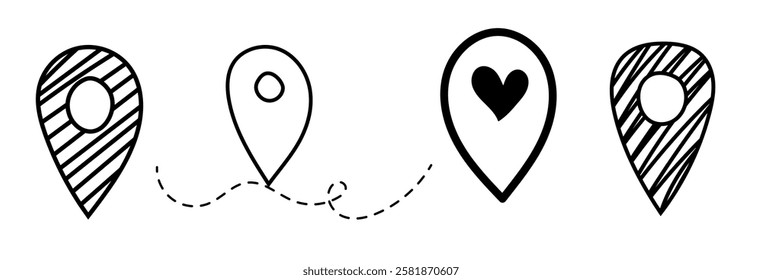 Creative illustrations display different styles of location pins. The designs include patterned, dotted, and heart-marked variations, conveying modern digital mapping concepts with artistic flair.