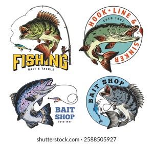 Creative illustrations of fishing emblems featuring different fish species and bait shop branding. These designs are suitable for marketing or merchandise in the fishing industry.