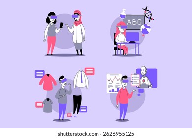 Creative illustrations of individuals using technology in various settings. Activities including virtual learning, online shopping, and discussions on fashion trends