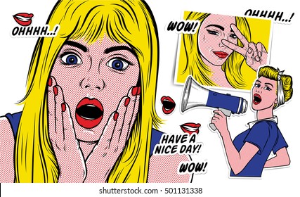 Creative illustrations in pop-art and retro comic style. Surprised blond woman, girl with megaphone, smiles young woman. Vector hand drawn.