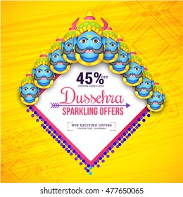 Creative illustration,sale banner or sale poster for Dussehra celebration with ten headed Ravana.