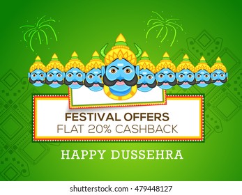 Creative illustration,sale banner or sale poster for Dussehra celebration with ten headed Ravana.