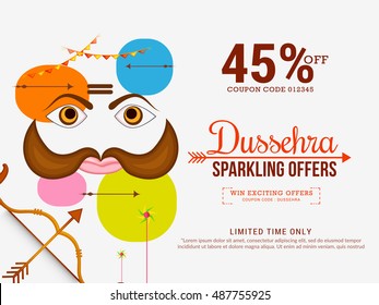 Creative illustration,sale banner or sale poster for indian festival of Dussehra celebration with face Ravana.