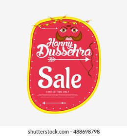 Creative illustration,sale banner or sale poster for indian festival of Dussehra celebration with face Ravana.