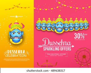 Creative illustration,sale banner or sale poster for Dussehra celebration with ten headed Ravana.