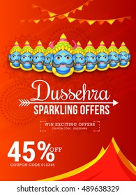 Creative illustration,sale banner or sale poster for Dussehra celebration with ten headed Ravana.