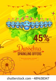 Creative illustration,sale banner or sale poster for Dussehra celebration with ten headed Ravana.