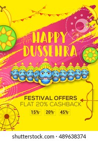 Creative illustration,sale banner or sale poster for Dussehra celebration with ten headed Ravana.