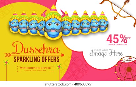 Creative illustration,sale banner or sale poster for Dussehra celebration with ten headed Ravana.