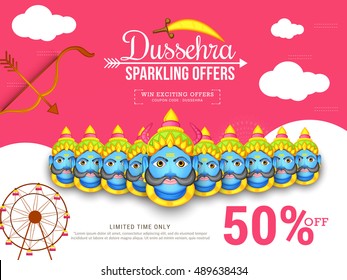 Creative illustration,sale banner or sale poster for Dussehra celebration with ten headed Ravana.