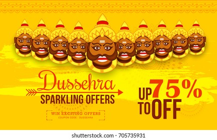 Creative illustration,sale banner or sale poster for Dussehra celebration with ten headed Ravana.