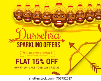 Creative illustration,sale banner or sale poster for Dussehra celebration with ten headed Ravana.