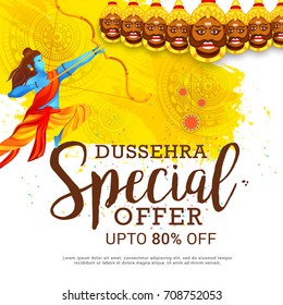 Creative illustration,sale banner or sale poster for Dussehra celebration with ten headed Ravana.