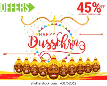 Creative illustration,sale banner or sale poster for Dussehra celebration with ten headed Ravana.