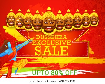 Creative illustration,sale banner or sale poster for Dussehra celebration with ten headed Ravana.