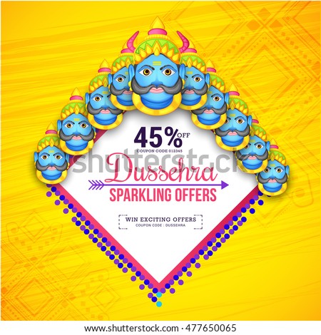 Creative illustration,sale banner or sale poster for Dussehra celebration with ten headed Ravana.