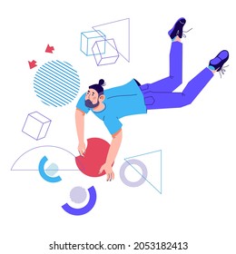 Imagen creativa del proceso de negocios con el hombre volando entre formas abstractas. Creatividad y eficiencia en proyectos empresariales, flujo de trabajo, ilustración vectorial de dibujos animados planos aislados en fondo blanco.