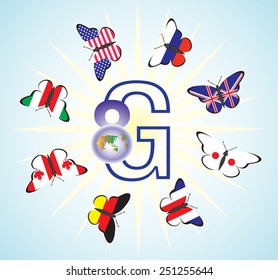 Creative image of the countries in the g-using the flags in the form of butterflies and the planet Earth as an element of the figure eight