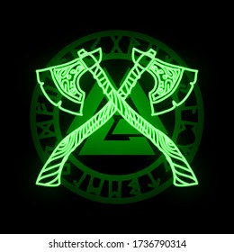 Imagen creativa de hachas de neón cruzadas en el fondo del viejo símbolo de "avellana".