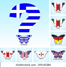 The creative image of the flags of Greece and the countries of the Big Seven, characterizing the relationship between them and finding ways out of the crisis