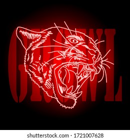 Creative image of the growling head of a jaguar with the help of neon outlines on the background of the inscription "growl".