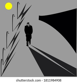 imagen creativa de un hombre con un abrigo caminando por la calle