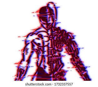 Creative image of a man, half consisting of mechanisms, using contours with a glitch effect.