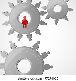 Creative image of the mechanism with the people, showing how one person can disrupt the entire work team