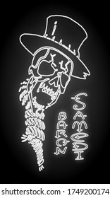 Creative image of a neon skeleton in a hat and with a noose around his neck and a neon inscription "baron samedi".